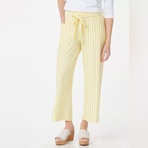 AnyBody Wide Leg Capri Pants Yellow White Stripe L Tie Waist Rayon